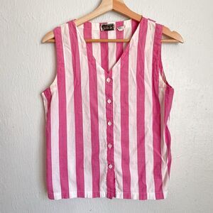 Vintage Pink White Wide Stripe Cotton Button Vest Women’s 10 Summer Kidcore